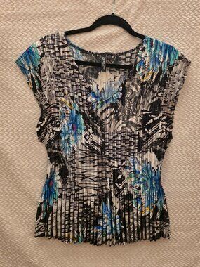 Milano Womens Cap-Sleeve Top Floral Abstract Accordion/Pleated Career SZ 2X